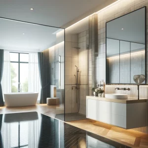 A modern and renovated bathroom with sleek fixtures, a large mirror, and stylish tiling, showcasing a high-value property ready for sale or rent.