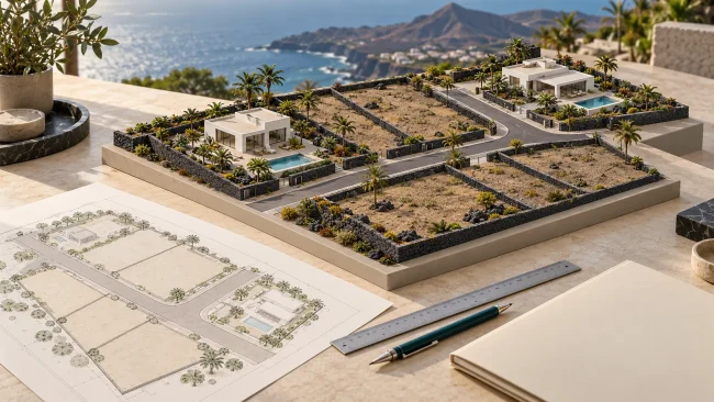 Invertir en Canarias: maqueta conceptual de parcelas y viviendas en un entorno volcánico