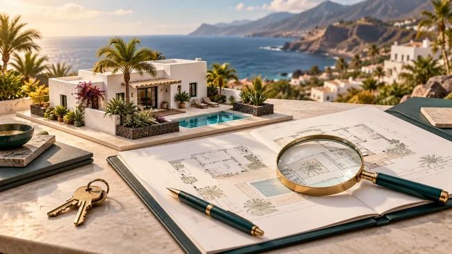Ley de alquiler vacacional en Canarias: ilustración de revisión de planos, llaves y vivienda turística