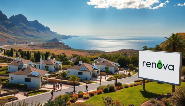 Mercado inmobiliario Tenerife: ilustración de viviendas con paneles solares y marca Renova