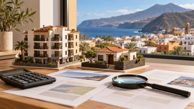 Especulación inmobiliaria Tenerife: ilustración de revisión de viviendas, precios y costes