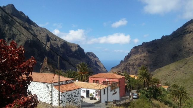 Caserío de Masca con palmeras, barranco y mar al fondo