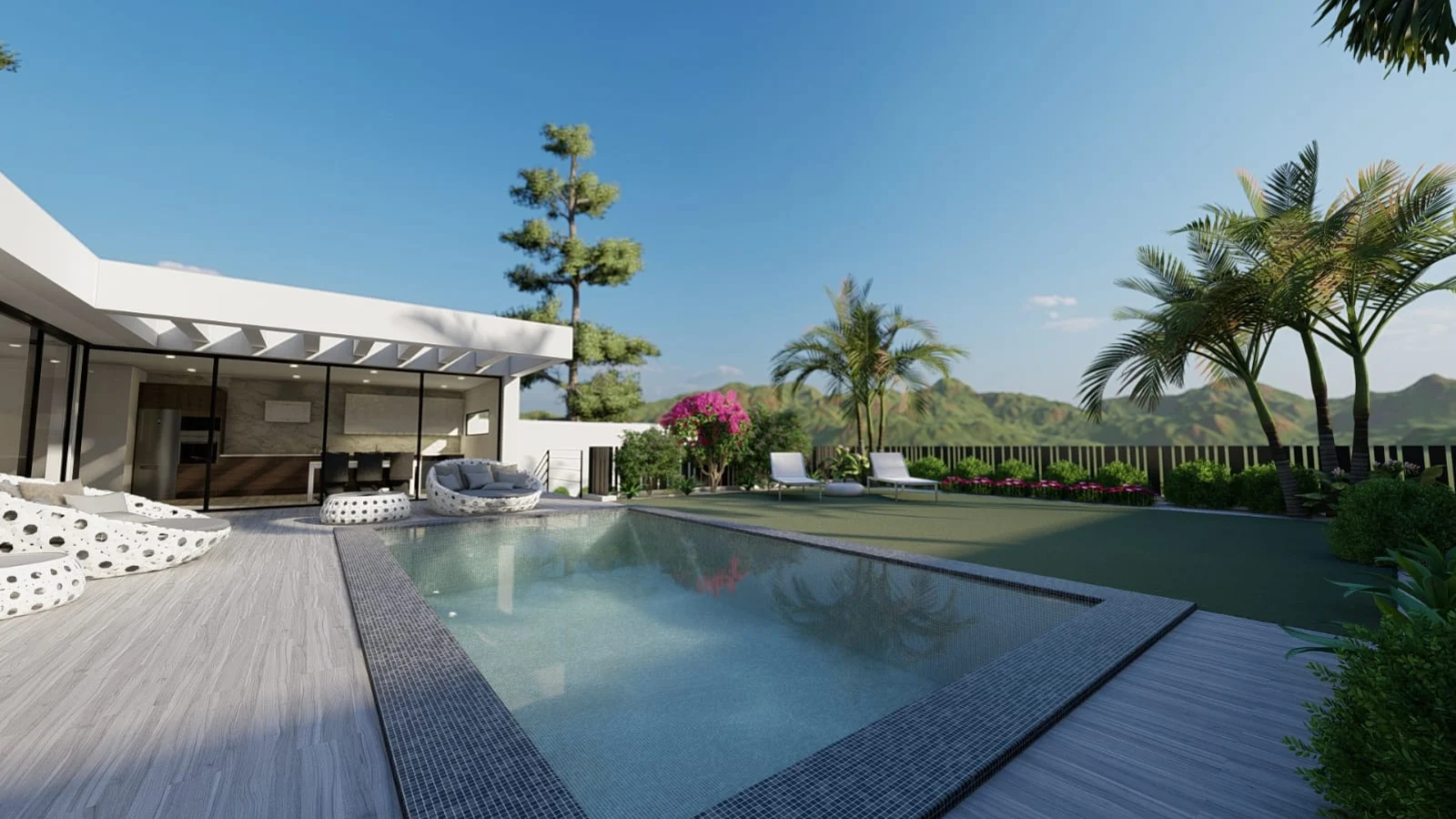 Yaco II en San Isidro: render de villa con piscina y jardín