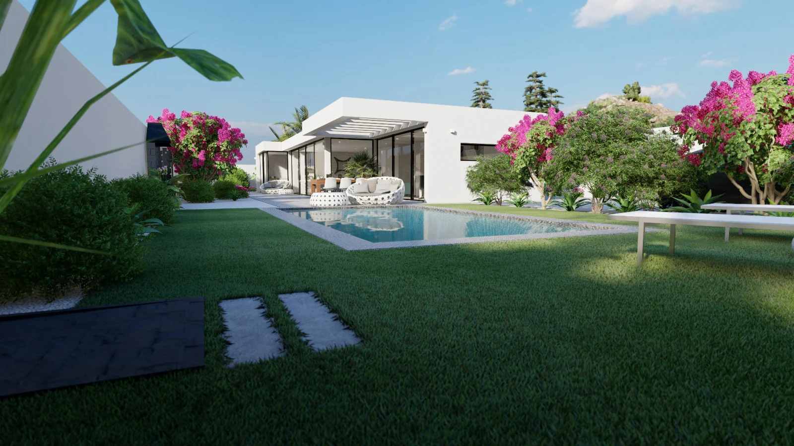 Inversión en Yaco II: render de una villa con jardín y piscina