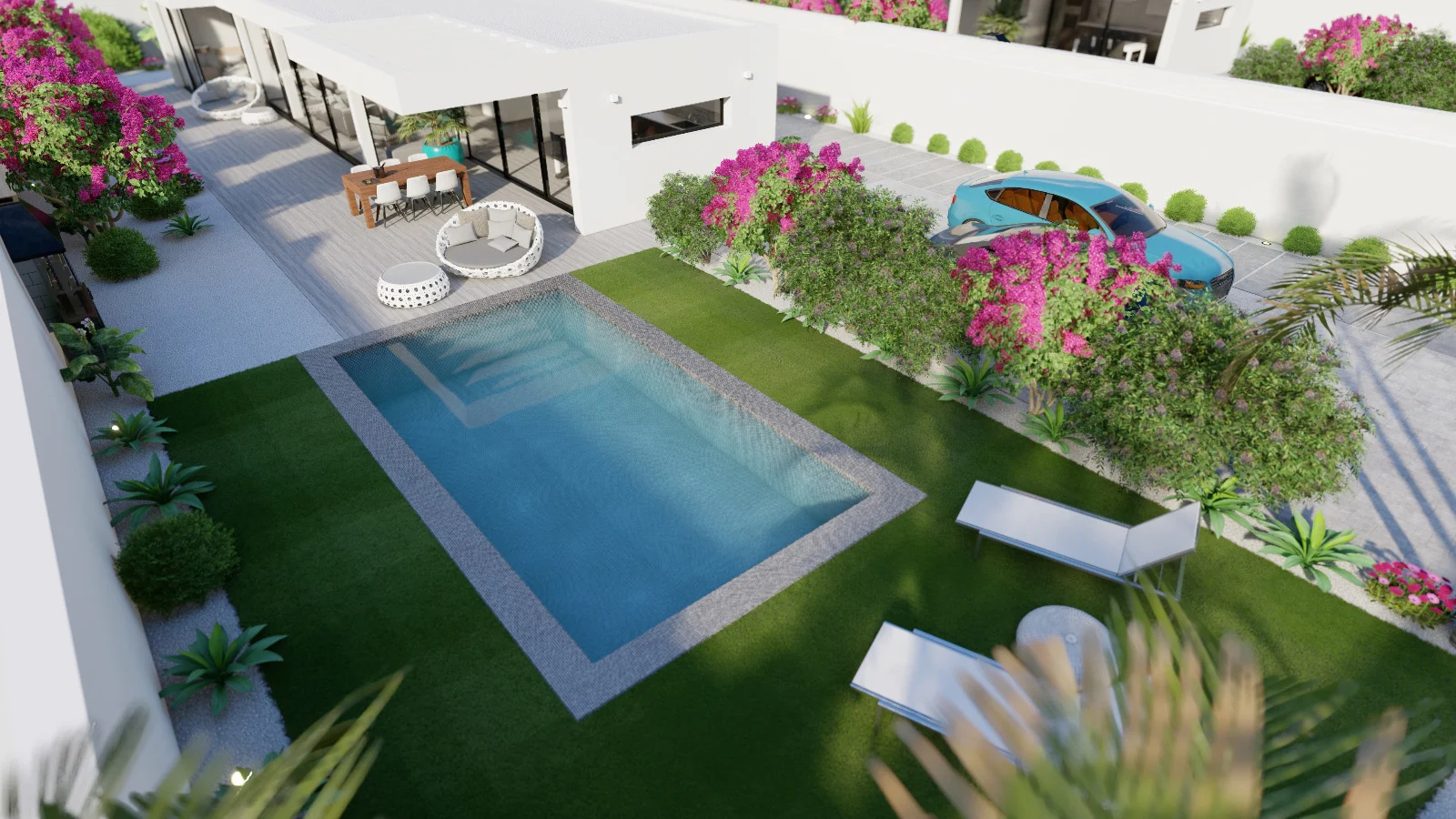 Render aéreo del modelo de villa de Yaco con piscina y terrazas